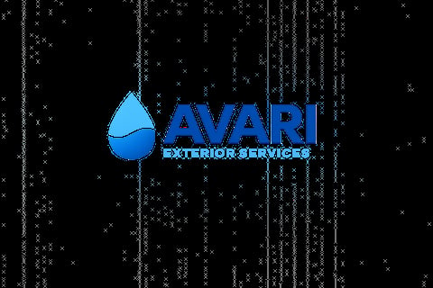 Avari Exterior Services logo with a blue water drop symbol on a dark background with digital rain effect
