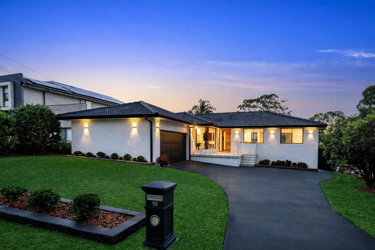 Modern two-story house at dusk with illuminated windows, manicured lawn, paved driveway, and landscaping under clear blue sky
